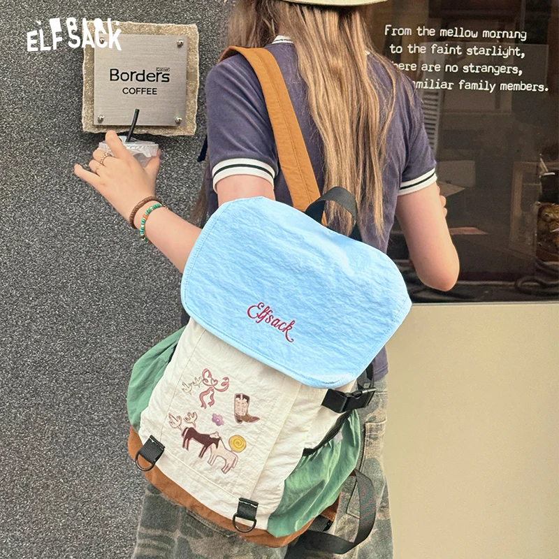 ELFSACK ColorBlock Lightweight Drawstring Backpack with Cartoon Animal Print, Casual Daypack for Outdoor Travel