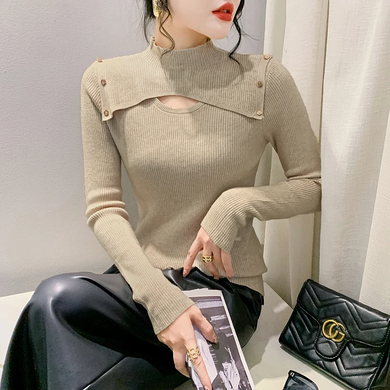 

2023 New Fall Winter European Clothes Knitted Sweater Chic Sexy Women's Hollow Out Mock Neck Button Long Sleeve Solid Tops 39352