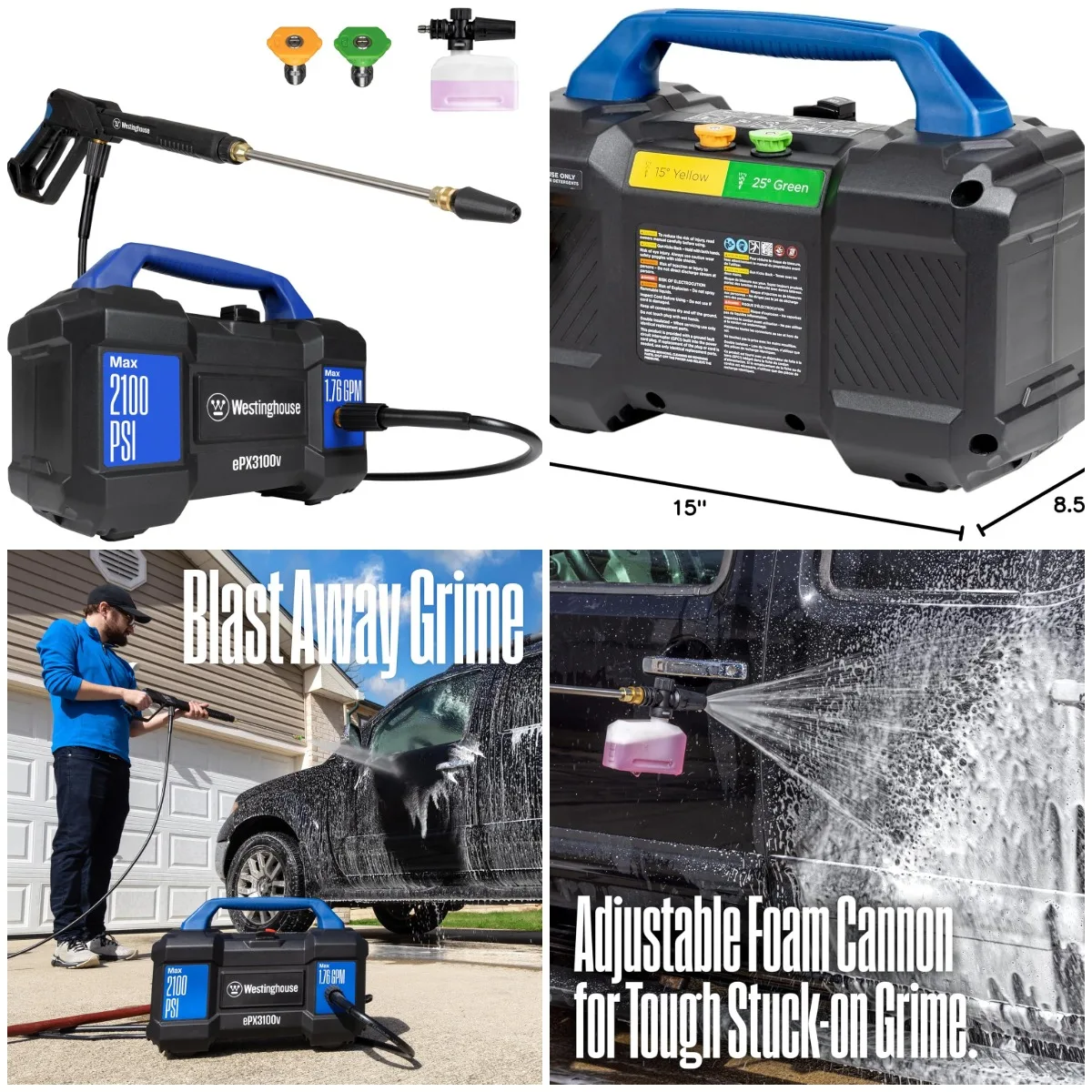 

ePX3100v Electric Pressure Washer, 2100 PSI, 1.76 GPM, Carry Handle, Foam Cannon, Steel Wand, 3 Nozzles, for Cars, Fences, Drive