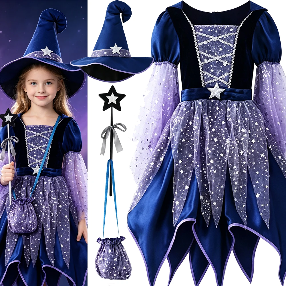 Halloween-Partykostüme, Hexenkleid für Mädchen, Kinder, Karneval, Weihnachten, Halloween, Bühnen-Cosplay-Kleid, Tasche, Hut, Zauberstab – Detail 2