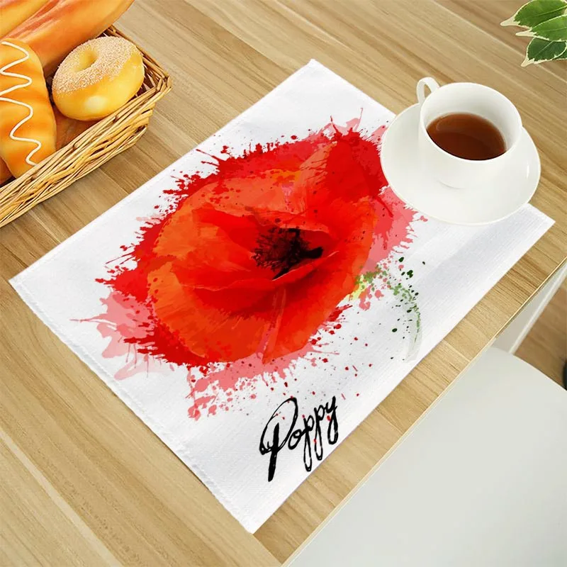 الخشخاش الزهور طباعة الكتان طاولة طعام الحصير الأبجدية المطبخ تحديد الموقع 32X45cm الوقايات منصات وعاء كأس حصيرة