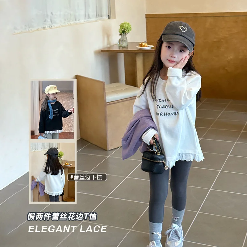 

2026 Spring Autumn Big Girl Casual Outfit Sweet Lace Trim Patchwork Base Shirt Sweatshirt Top 2-18 Years Toddler Teenagers