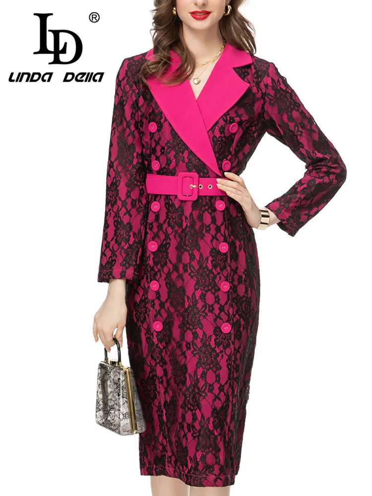 

LD LINDA DELLA New Style Winter dress korean style Women's Lapel Double-breasted Belt Splice Embossed hollow Slit Dress