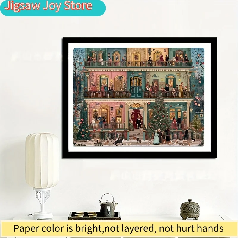 Un mini rompecabezas de papel para adultos con el título 'Elegant Victorian Christmas House', adecuado para juegos de fiesta y actividades familiares.