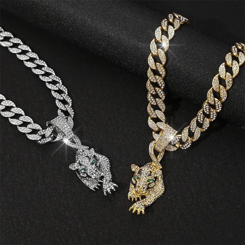 Hip Hop Silver Gold Plated Walking Leopard Pendant Pave White Rhinestone With 13mm Cuban Chain Necklace For Men Women