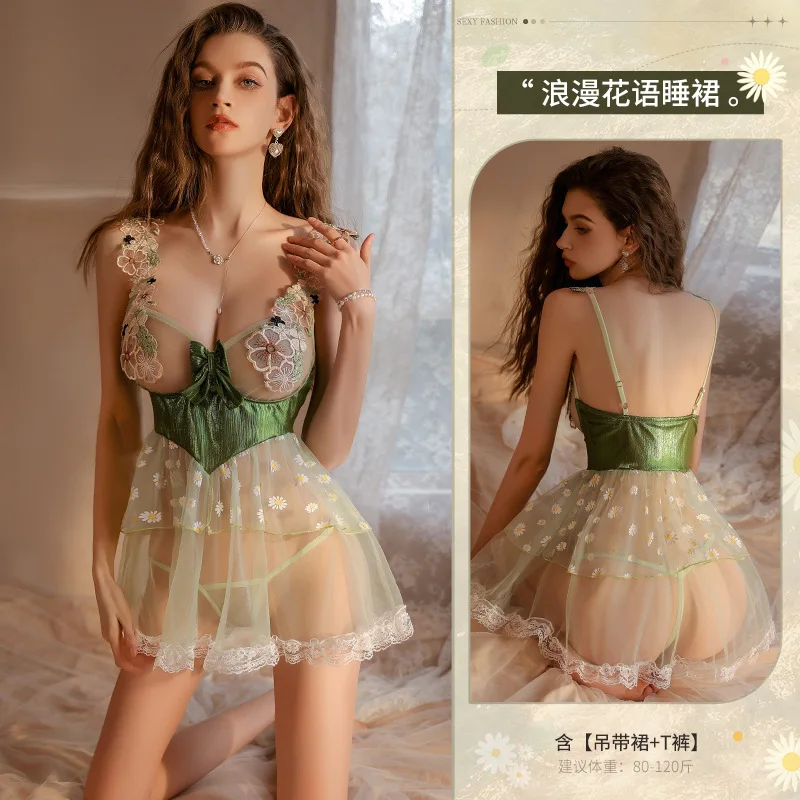 Women Embroidery Sexy Lingerie Princess Uniform Lace Nightgown Mesh Perspective Sleepwear Set Soft Pajama Dress Short Nightdress