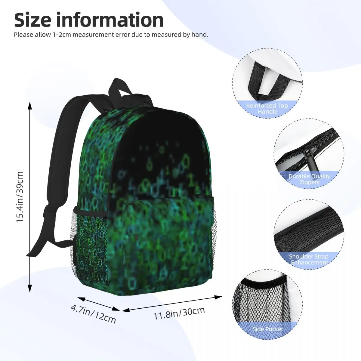 Binary Cloud-Mochila Escolar Impressão Leve, Saco Padrão Elegante, Novo, 15"