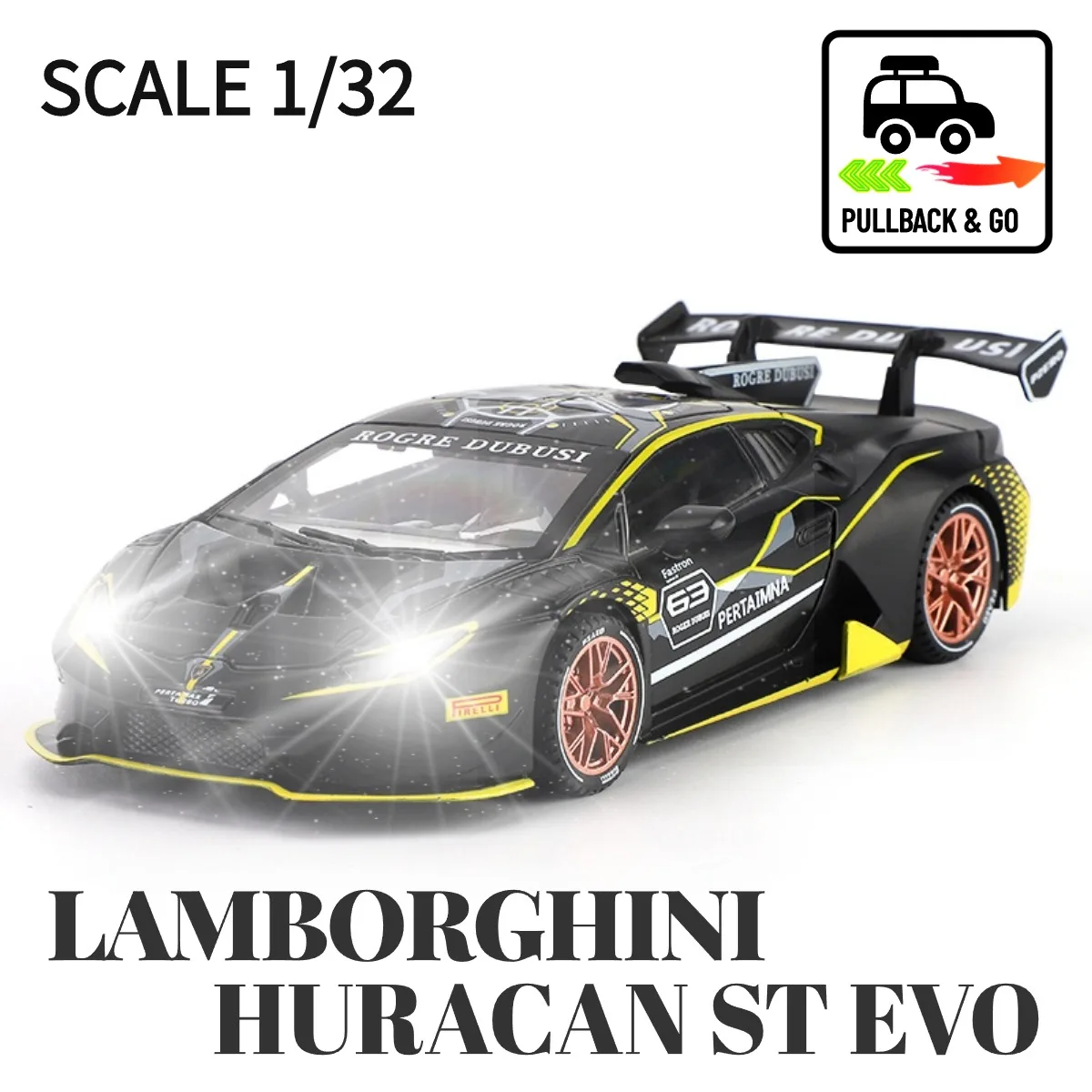 

Lamborghini Huracan ST EVO Scale 1:32 Pullback Car Toy with Lights Engine Sound Metal Diecast Car Model Gift Kid Boy Toy