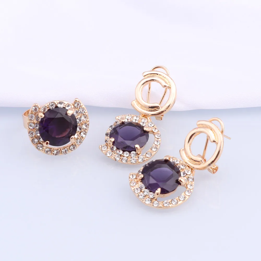 Fashion Dubai Women Gold Color Jewelry Sets Purple Necklace Earrings Bracelet Ring Sets Party Gifts