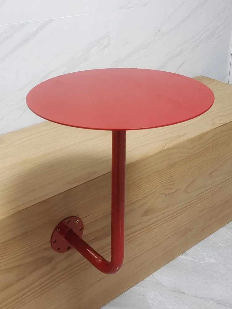 Simple modern milk tea shop, cafe, booth table against the wall, wall hanging table, HEYTEA red art small round table