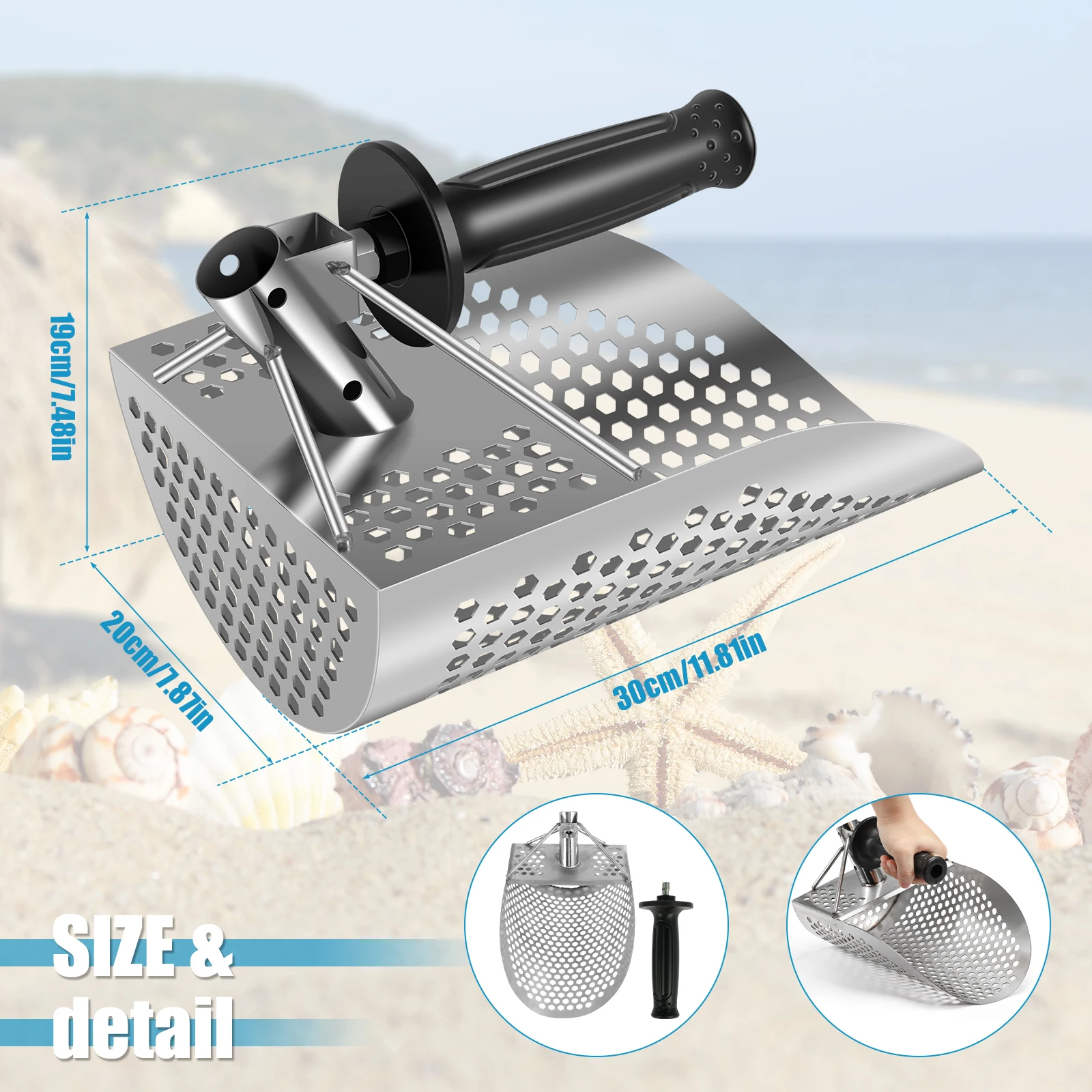 Sand Scoop 304 Stainless Steel Beach Metal Detector Scoop with Detachable Handle Sturdy Digging Sifting Shovel Beach Treasure