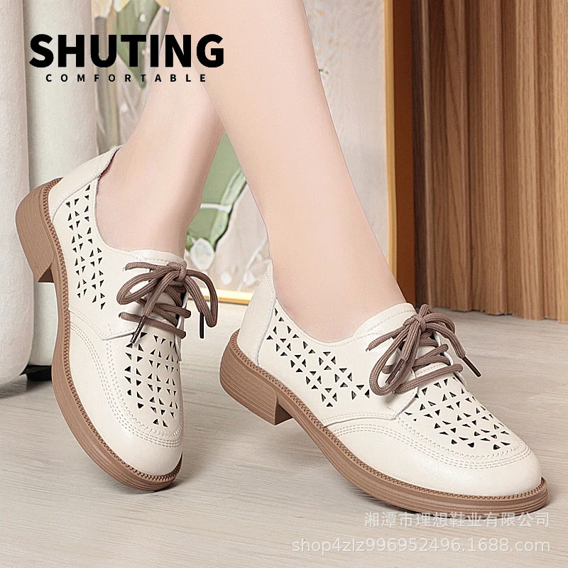 Spring Summer Breathable Soft Leather Hollow Single Shoes Women 2024 Round Toe Lace up Platform Oxfords for Office Mom