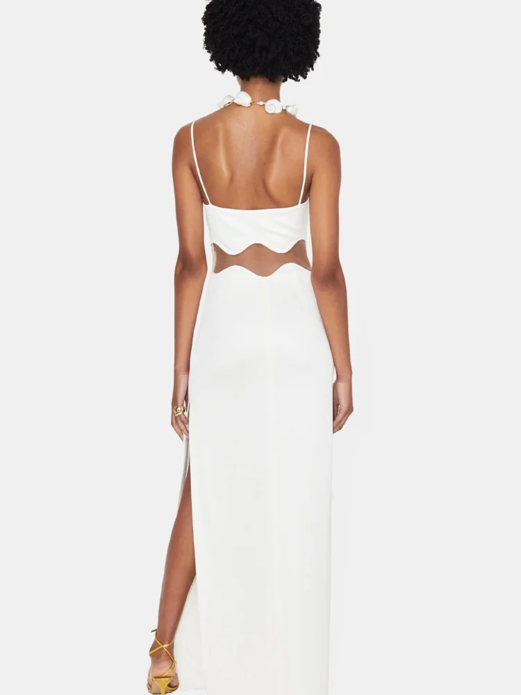 Abito lungo senza maniche con spalline bianco e nero sexy VC Fashion con design trasparente per abito da sera da ballo di fine anno