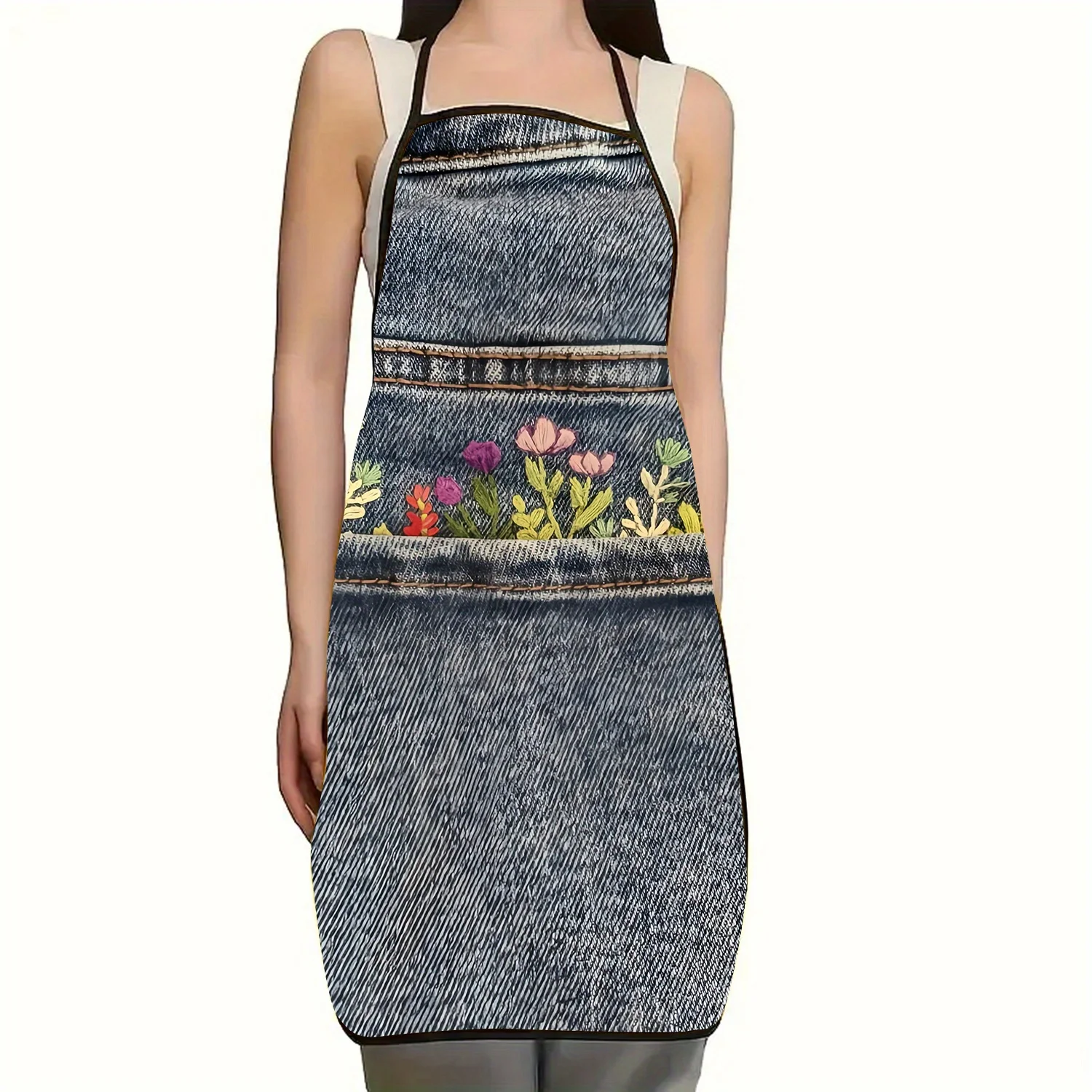 Print Denim Apttern Sleeveless Apron with Floral Adjustable Neck Strap, Durable Polyester Kitchen Apron No Pocket