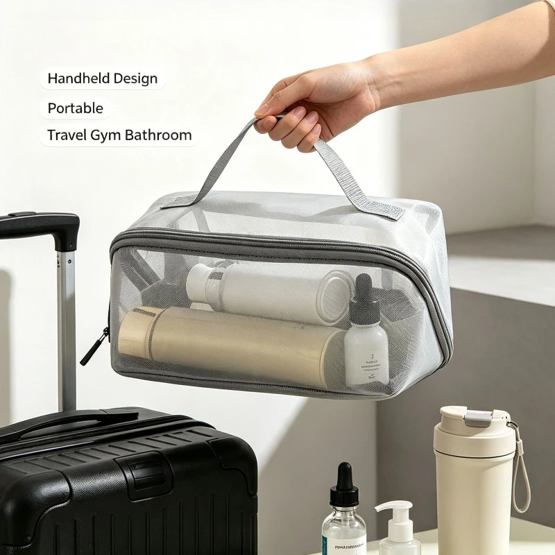 Netz-Make-up-Tasche, große Kapazität, Reise-Kosmetik-Organizer, doppellagige, durchsichtige Toilettentasche, tragbare Handtasche für Hautpflegeprodukte – Detail 9