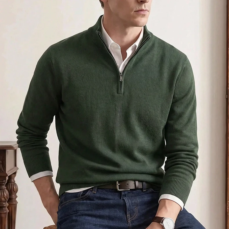 US-Größe Herren 1/4-Reißverschluss Pullover Stehkragen Freizeitpullover Leicht Weich Bequem Strickware Schwarz Grün Beige – Detail 8