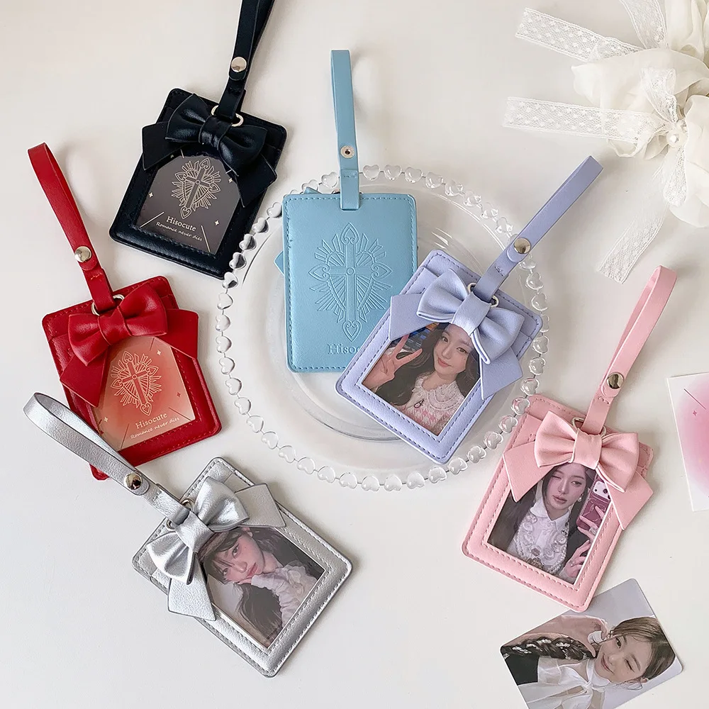 Kpop Korean Style Solid Color Bow 3-Inch Photo Card Holder Fashion Girl Backpack Pendant Keychain Decoration Idol Card Bag Gifts