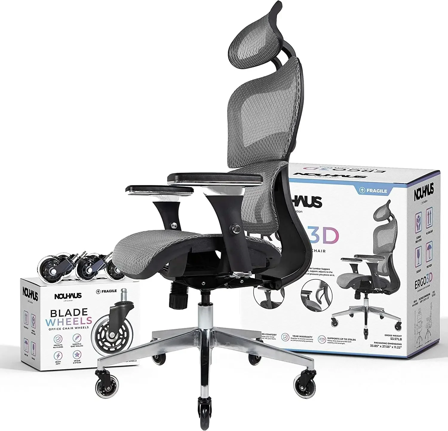 Nouhaus-Ergo3D Cadeira ergonômica do escritório, apoio lombar, Mesh Office Chair, 4D braço ajustável, encosto de cabeça ajustável