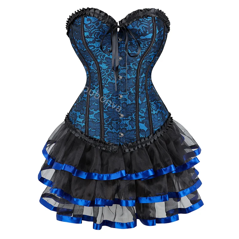 Abito a corsetto Tutu Skrits Set Overbust con pizzo Costume da festa Burlesque sexy da donna Plus Size Gotico Halloween Rosso Nero