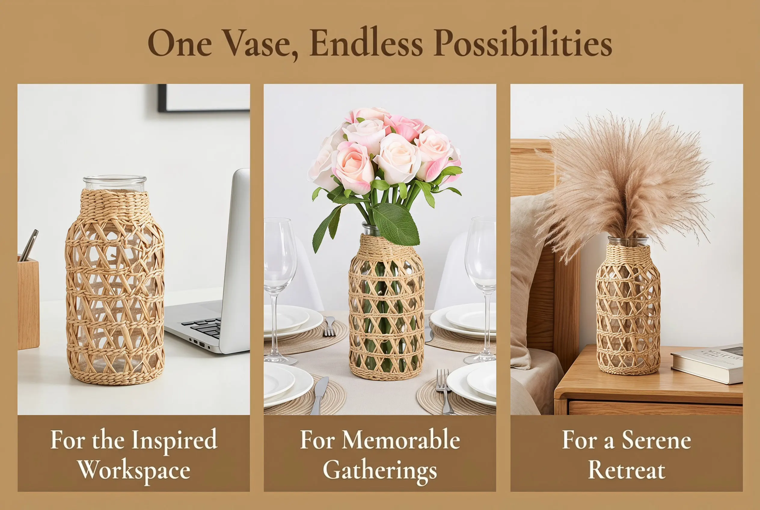 1Pcs Woven Glass Vase Rattan Wrapped Elegant Desktop Flower Arrangement Container for Dried Flowers Indoor Decorative Vase