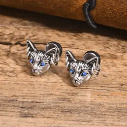 Mprainbow Gothic Cat Earrings for Men Boys,3D Blue Eyed Cat Face Stud Earrings, Vintage Punk Halloween Jewelry Gift for Him