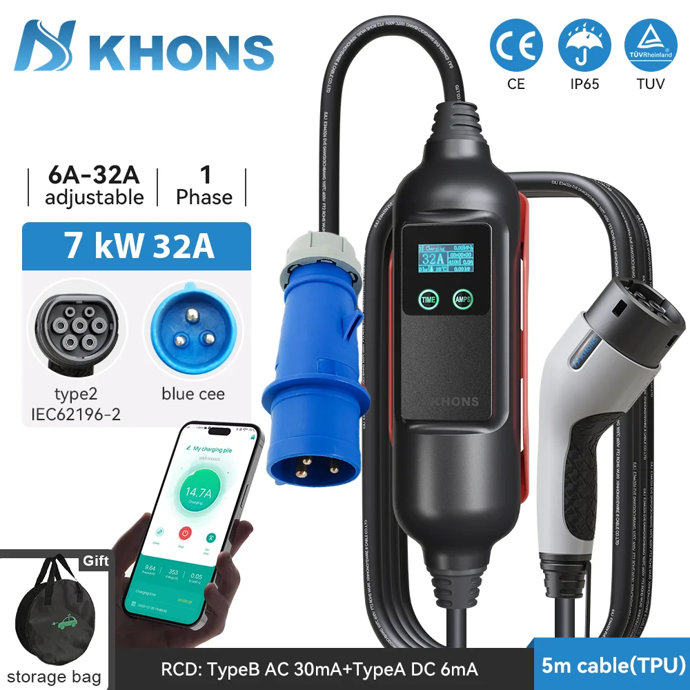 

Khons 7KW Type2 Portable EV Charger 32A 1Phase Electric Car Charger Connection Control Electric Vehicle Charger Via APP 5m Cable