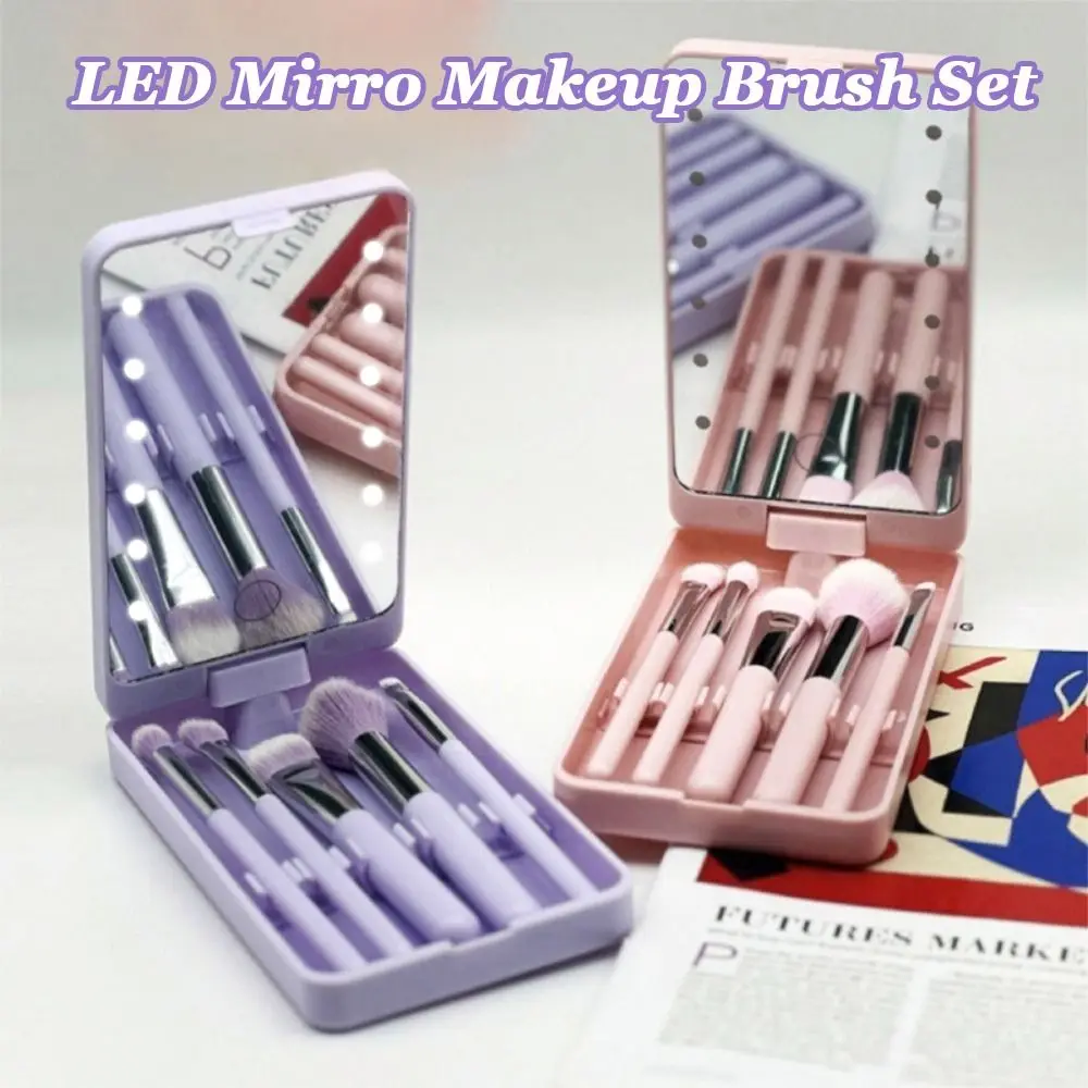 

Rotatable Mirror Travel Makeup Brush with Light Adjustable Brightness with 5pcs Brush Mini Cosmetic Brushes Pocket Mirror