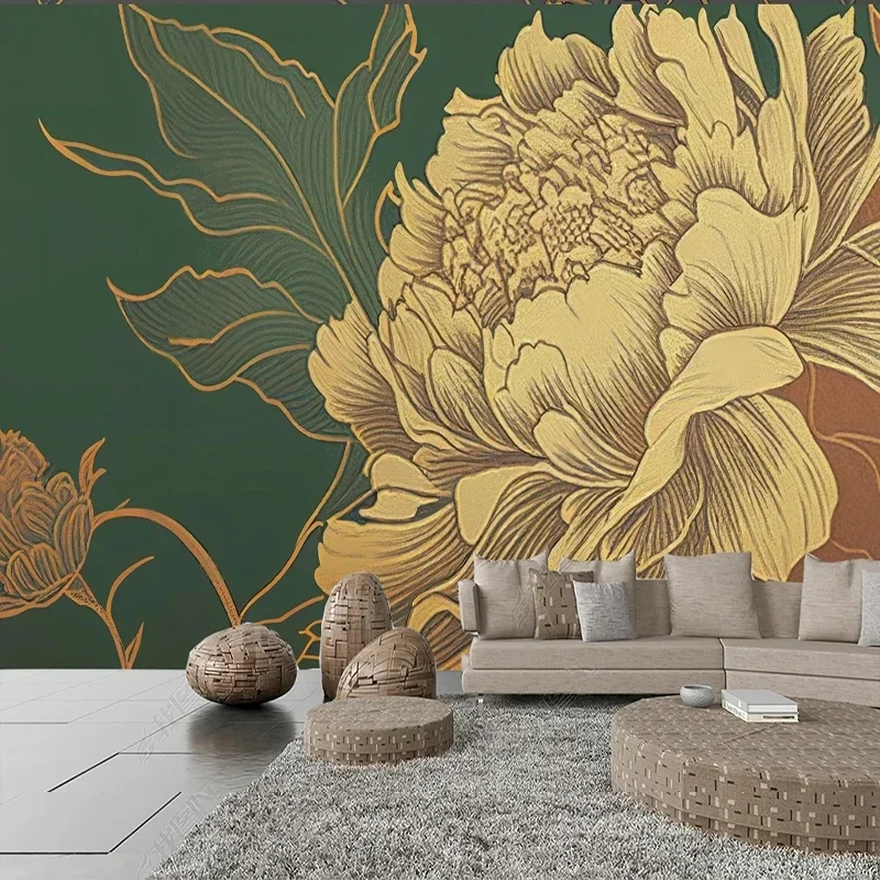 Custom Any Size 3D Modern Light Luxury Simple Yellow Sketch Peony Flower TV Background Wall Home Décor Papel De Parede Tapety