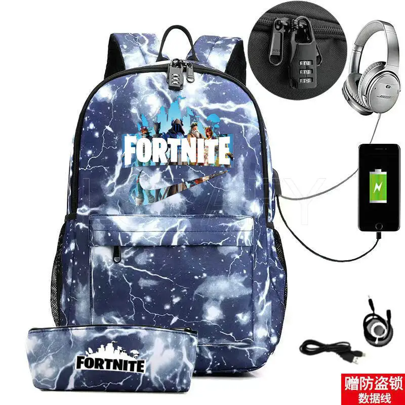 17-inch USB Charging FORTNITE Print Backpack Children School Bags Boys FORTNITE Teenagers Backpack Kids Cartoon Rucksack