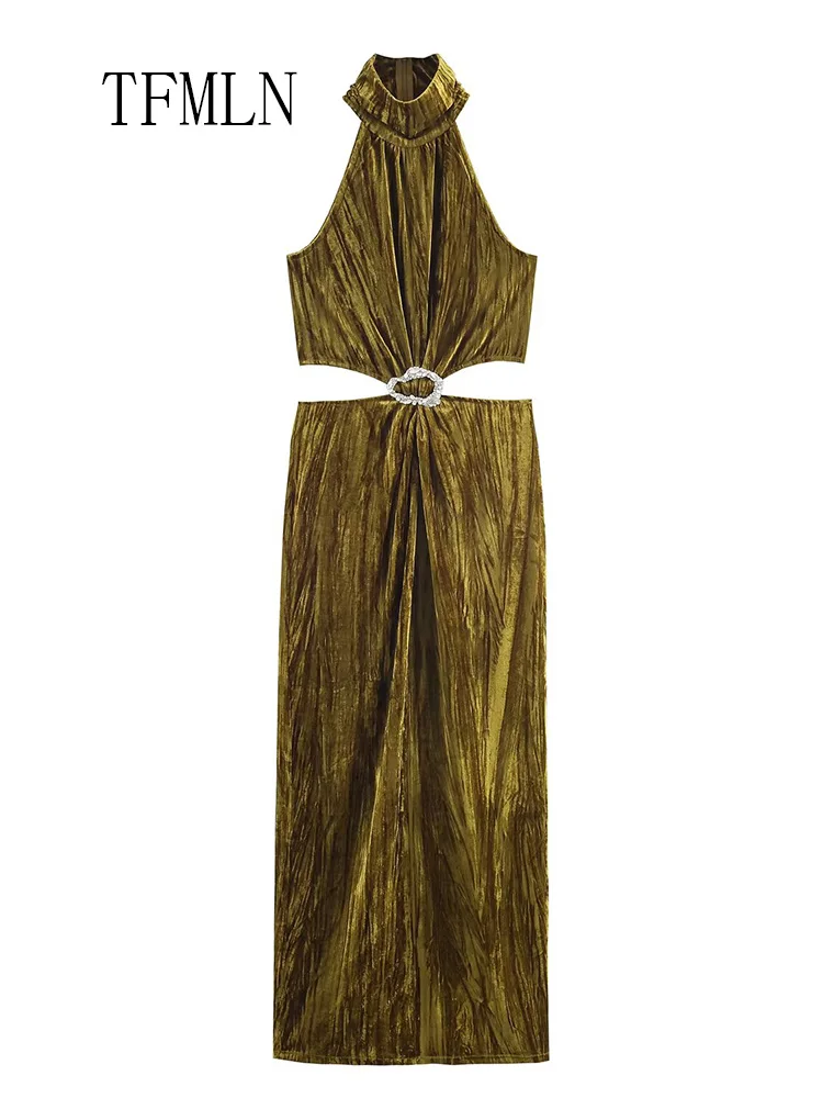 TFMLN أنيقة المرأة الرسن طوق فستان طويل 2026 موضة جديدة بلا أكمام الجوف خارج سليم فستان الحفلات مثير سيدة تاريخ فستان سهرة