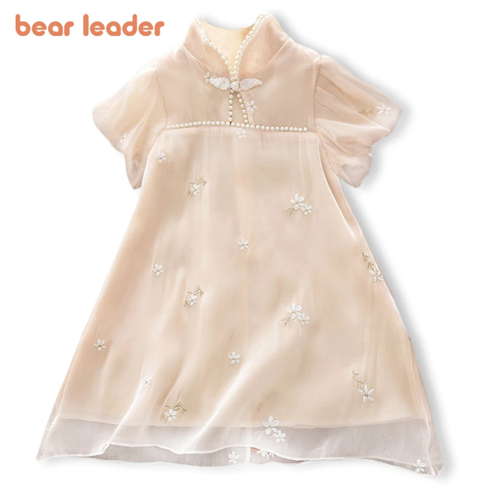 Bear Leader Girls Clothes Dresses Embroidered Beaded Cheongsam Chinese Folk Customs Casual Vacation Children Clothing Vestidos