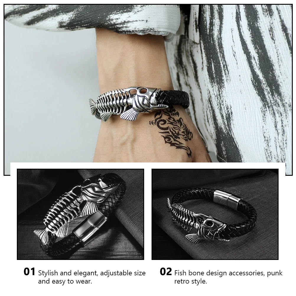 

Hip Hop Fish Bracelet Men's Bracelets Bone Stainless Steel Hand Chain Retro Adjustable Bangle Chic Wrist Man Bangles