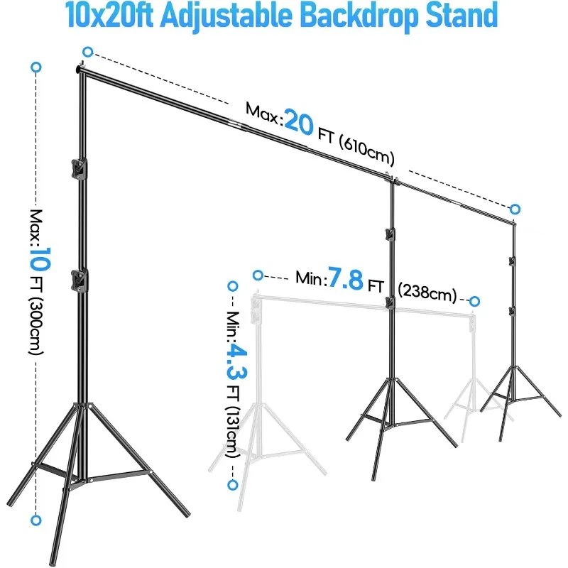 Back Drop Adjustable Stand, 10x20 Backdrop Stand Heavy Duty Photography Background Support System Kit with 300° Angle Rota