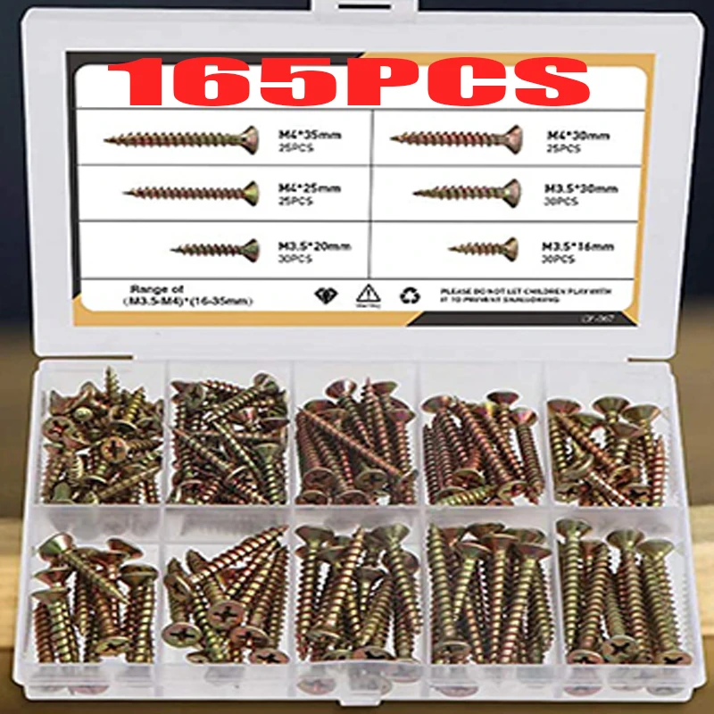 165Pcs M3.5 M4 304 Stainless Steel Cross Recessed Countersunk Flat Head Tapping Screws Wood Screw