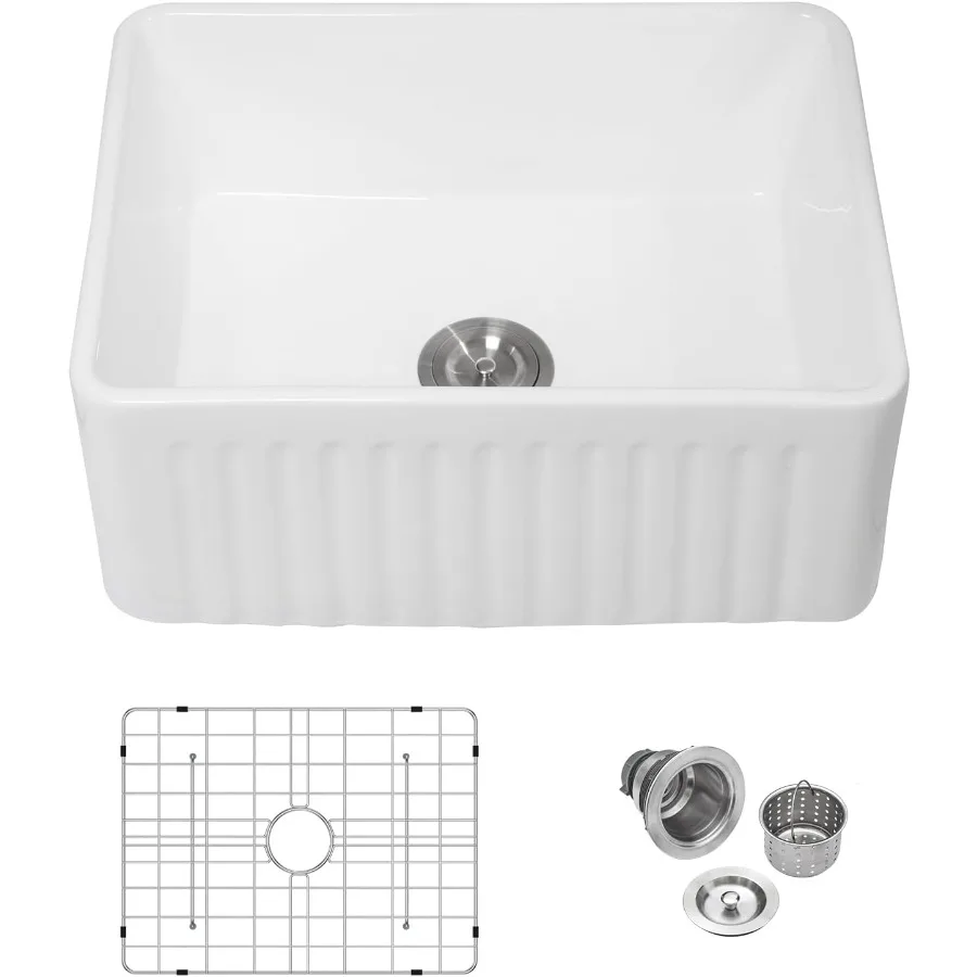 حوض مطبخ مزرعة أبيض مقاس 24 بوصة مع تصميم أمامي مريلة حوض سيراميك سفلي من Fireclay بوعاء واحد في كلاسي الريف