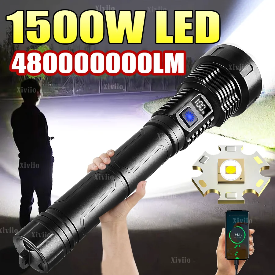 

Сверхмощный фонарь 48000000LM, 10000 мАч, 1500 Вт, дальность 5 км, перезаряжаемый светодиодный фонарь с выходным сигналом