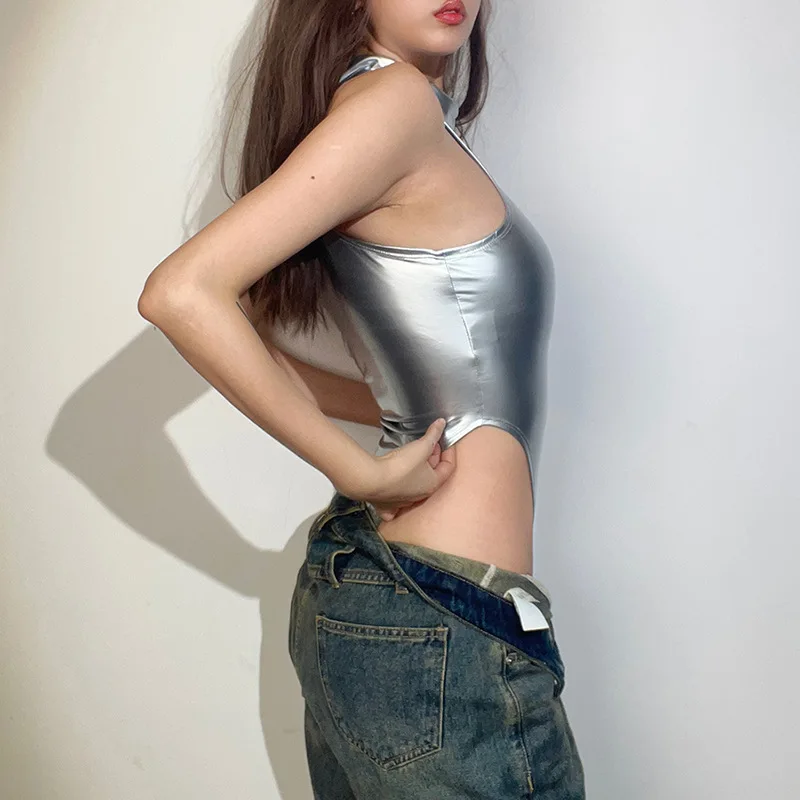 Metallic Rave Outfit for Women High Leg Thong Bodysuit Festival Costume Sexy Tank Top Bodysuit Leotard
