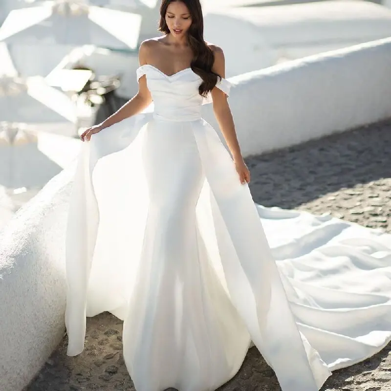 Elegant Mermaid Off The Shoulder Wedding Dresses White Backless Detachable Train Satin Sweetheart Bridal Gowns Vestido De Noiva