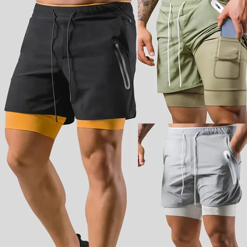 

Summer Running Shorts Men Gym Jogging Training Quick Dry Bodybuilder Double-Decker Shorts Men Training Fake 2Piece Fitness Pants