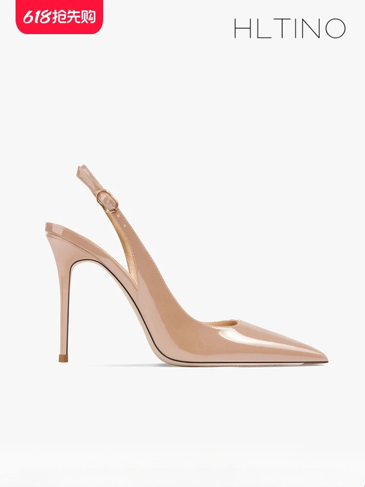 

2025 new summer ladies' temperament, socialite, back empty toe leather sandals, thin heels, nude color, pointed high heels