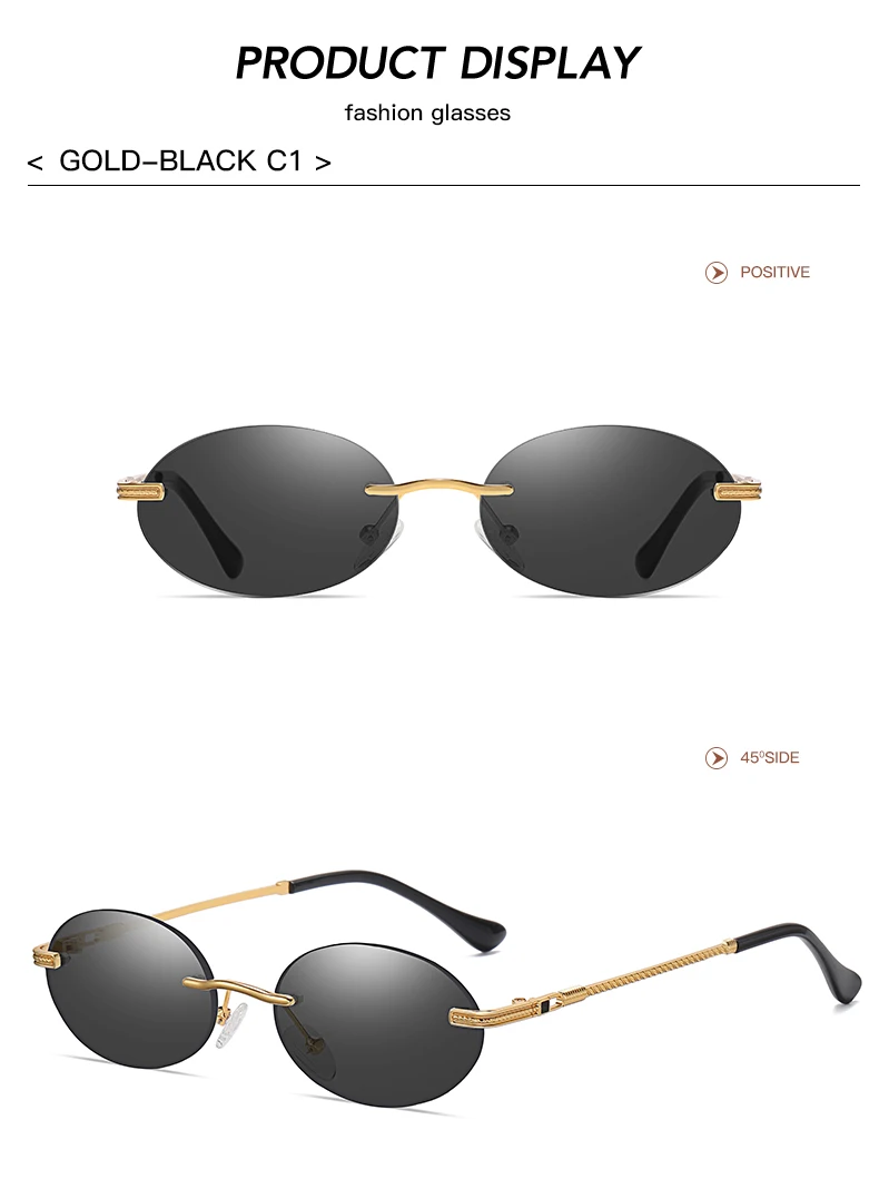 Retro Ovale Sonnenbrille Randlos Herren Blau Verspiegelt Gold Metall Herrenbrille Rund Rahmenlos Damen UV400 – Detail 11