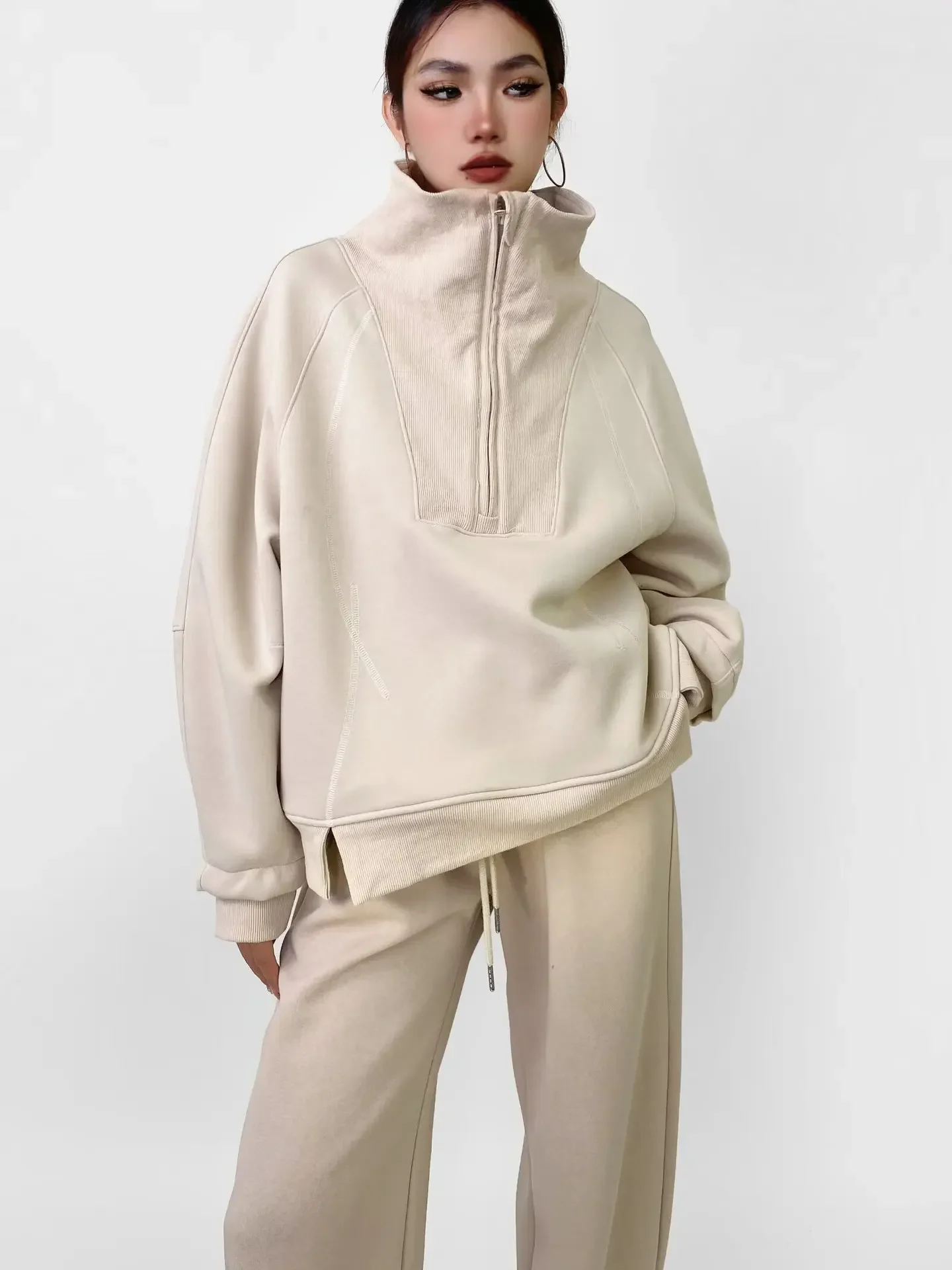 لولو نمط ربيع الخريف الوقوف الياقة نصف البريدي فضفاض المرأة عارضة رياضي المرقعة البلوز ملابس خارجية عصرية #3