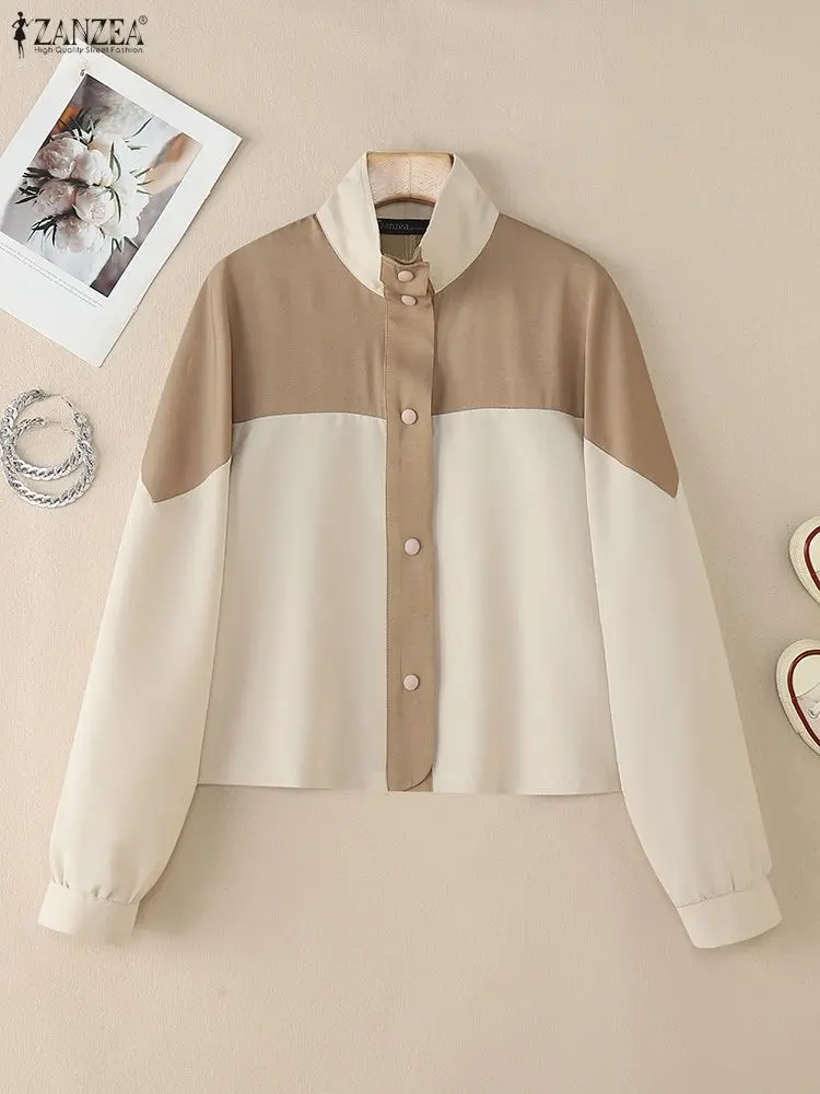 2025 ZANZEA Jesienna Bluzka z Kołnierzykiem, Długi Rękaw, Stylowe Koszule Damskie, Cienkie Okrycia Wierzchnie, Codzienne Kurtki Patchworkowe, Płaszcze, Bluzki z Guzikami