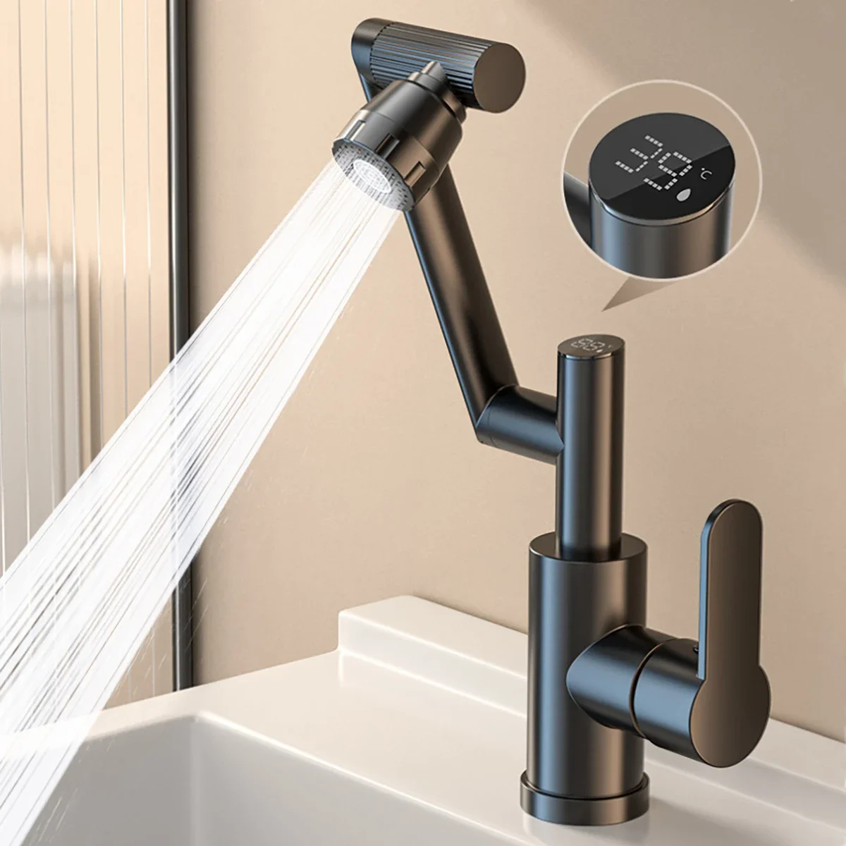 

Digital Display LED Basin Faucet 360 Rotation Multi-function Stream Sprayer Hot Cold Water Sink Mixer Wash Tap for Bathroom