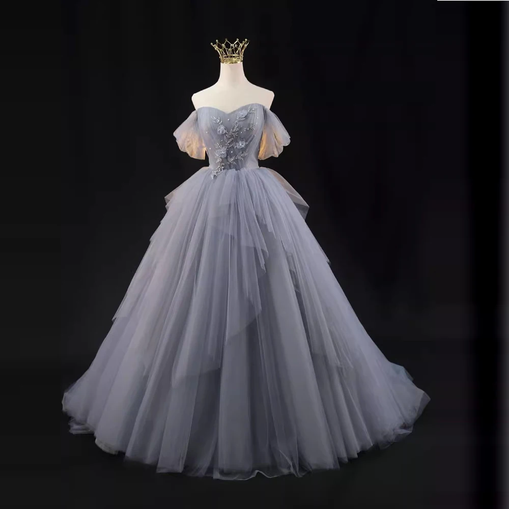 Vestido de baile de princesa para mujer, vestido de novia de manga corta con corsé trasero, vestidos de noche para actuación