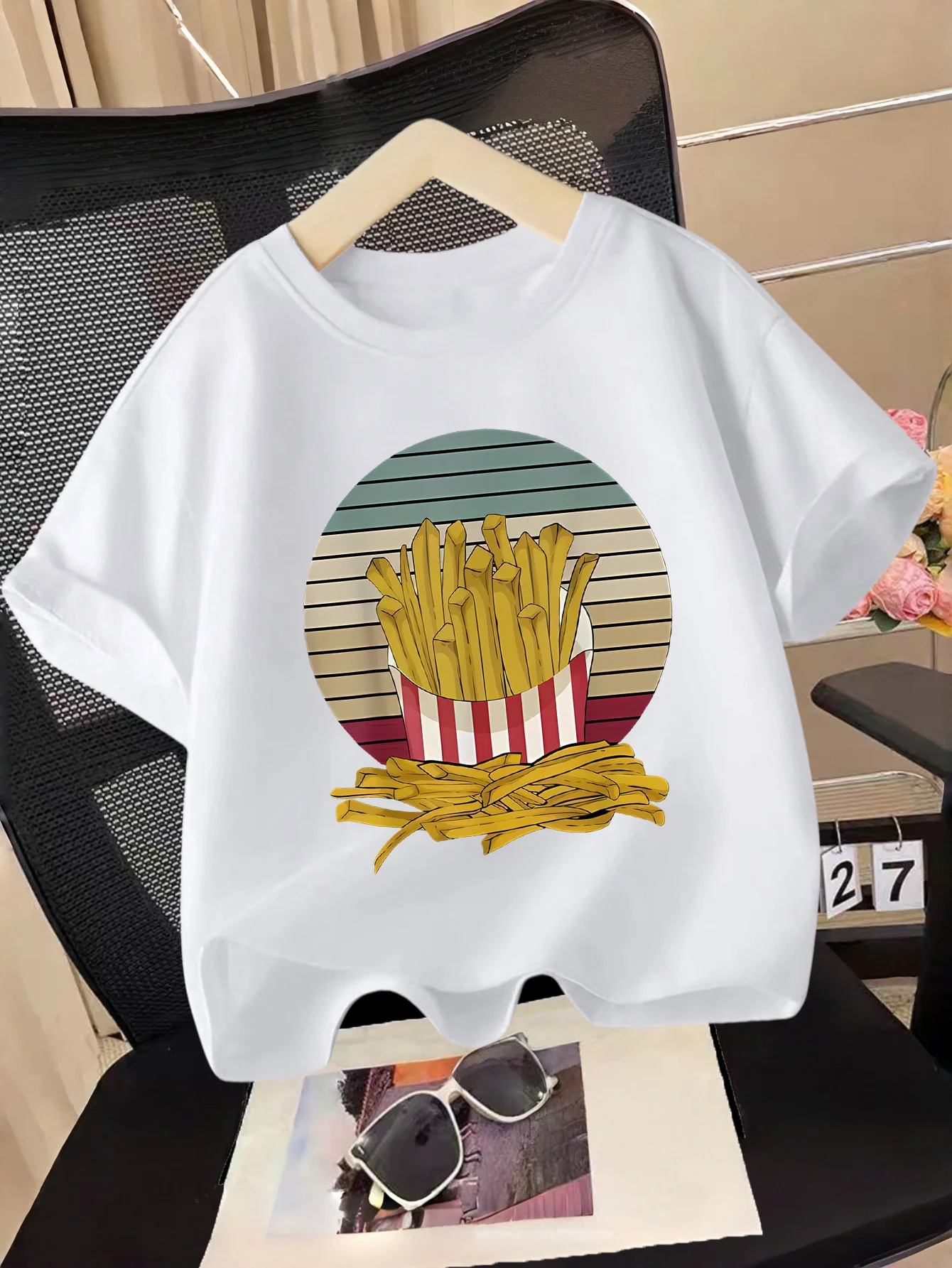 Children T Shirt Classic Striped Background French Fries Fast Food Illustration Print Short Sleeve Soft Cotton Kids Daily Outfit