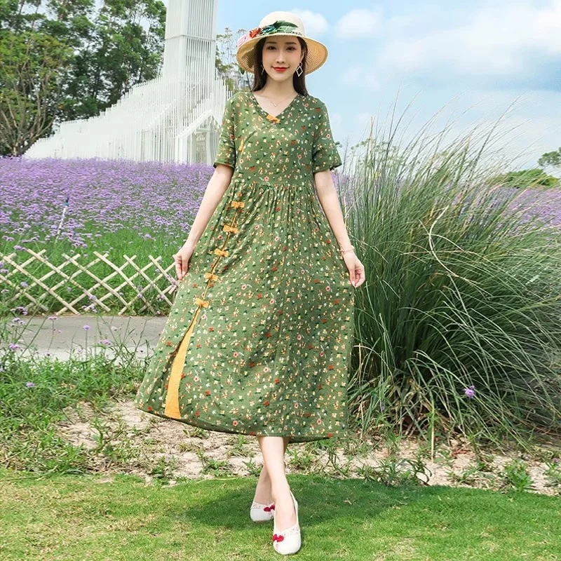 Sukienka letnia do połowy łydki 2025 Artystyczna lniana sukienka Etniczny styl Luźna Oversize Kwiatowa Klamra Casual Retro Sukienka W355