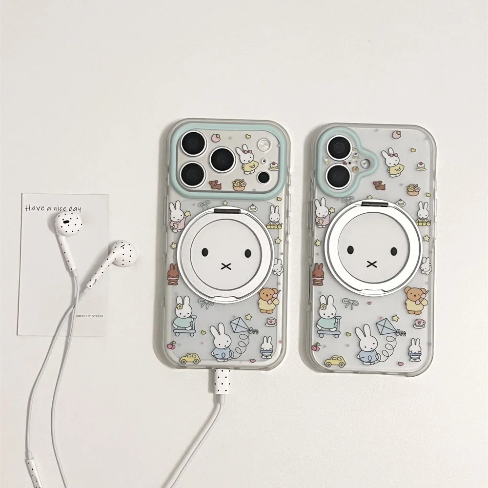Cute Miffy Rabbit Cartoon Print Phone Case For iPhone 15 16 17 Pro Max 360°Rotating Ring Stand Shockproof Soft Protective Cover