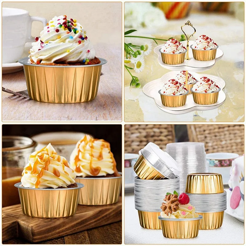 Dessert Cups With Lids, 75 Pack Gold Aluminum Foil Baking Cups Holders, Cupcake Bake Utility Ramekin Clear Pudding Cups