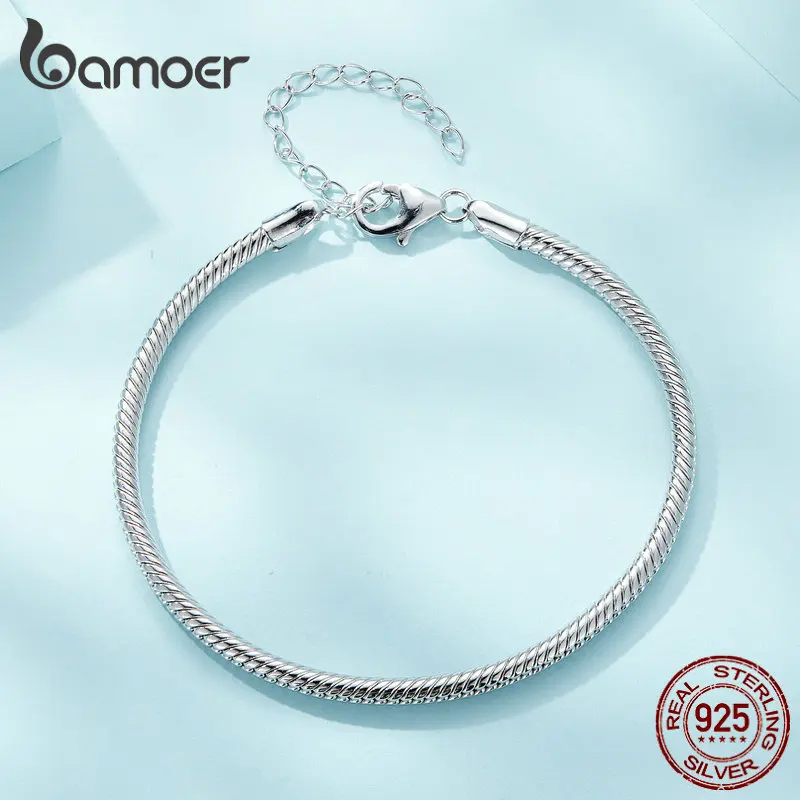 Bamoer 925 Sterling Silver Lobster Clasp Basic Bracelet Snake Chain Bangle for Women Birthday Gift Simple Fine Jewelry SCB252